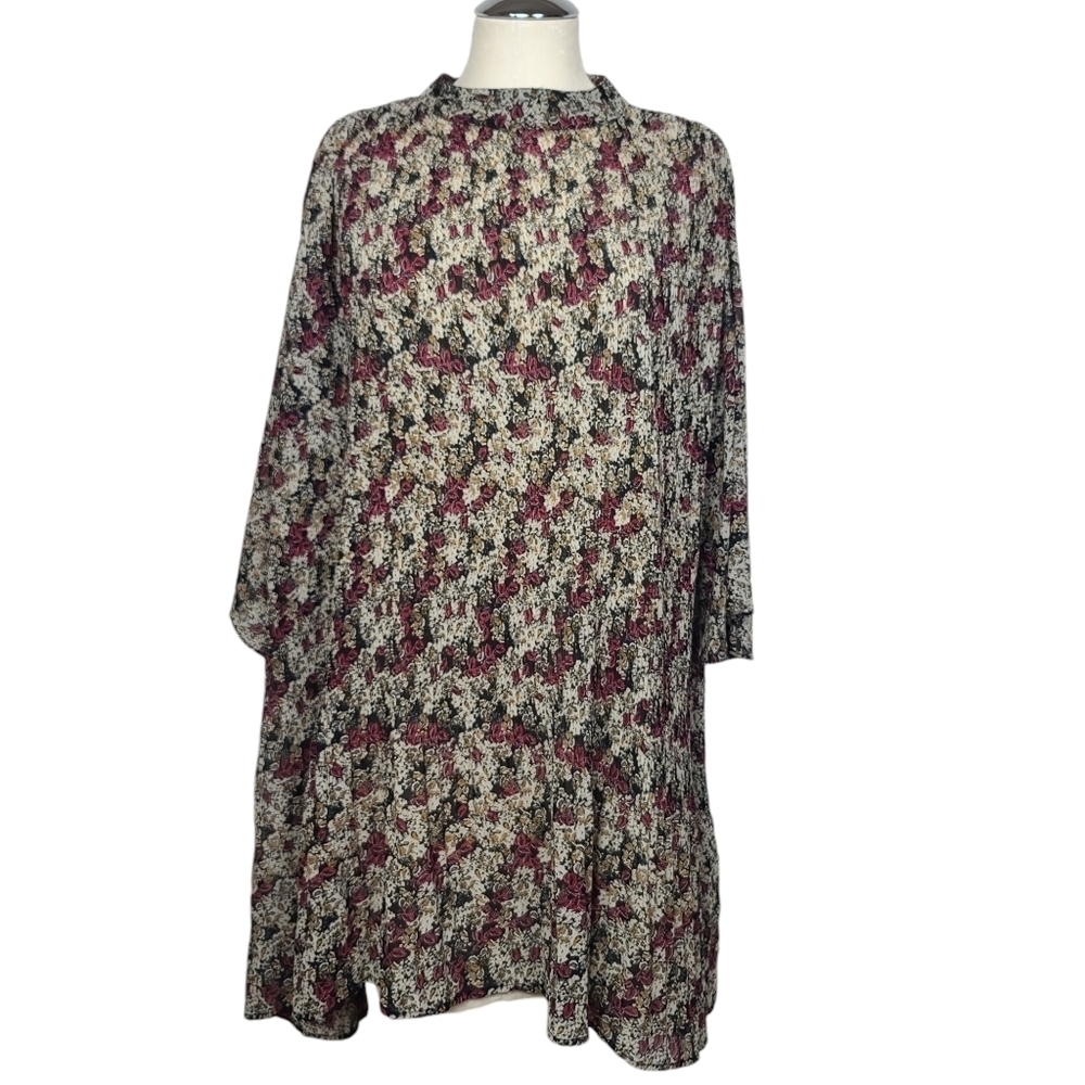 Zara Basic Collection Mock Neck Cropped Sleeves Lined Back Keyhole Floral Dress